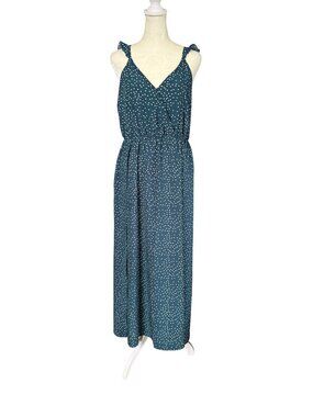 SHEIN maxi dress green and white polka dot v-neck flutter straps size medium